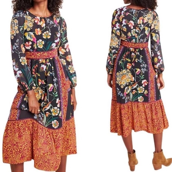 ANTHROPOLOGIE Adair Black Boho Floral Long Sleeve Chiffon Velvet Trim Midi Dress